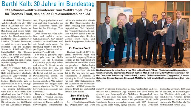 Barthl Kalb: 30 Jahre im Bundestag
CSU-Bundeswahlkreiskonferenz zum Wahlkampfauftakt für Thomas Erndl, den neuen Direktkandidaten der CSU