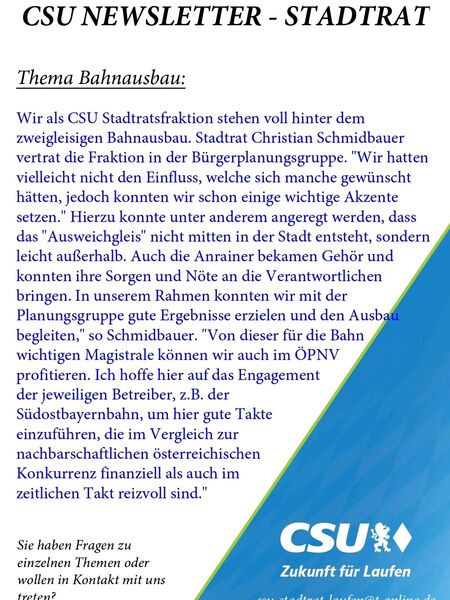 CSU Newsletter Stadtrat - Thema Bahnausbau