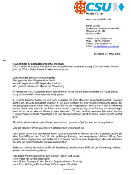 Stellungnahme Haushalt Stadt Mühldorf